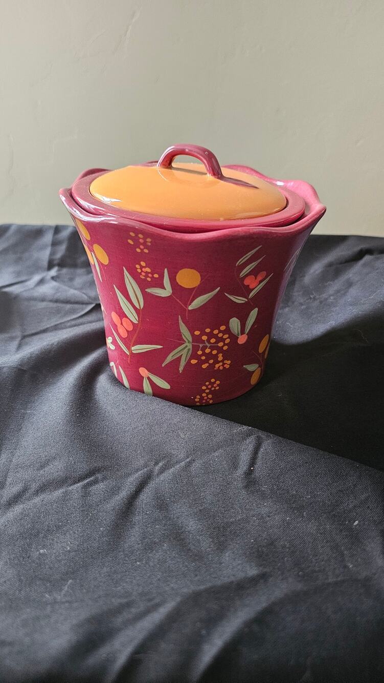 Vintage Swiss Colony Dk Red Floral Ceramic Butter Crock Keeper Jar 3 Pc Set